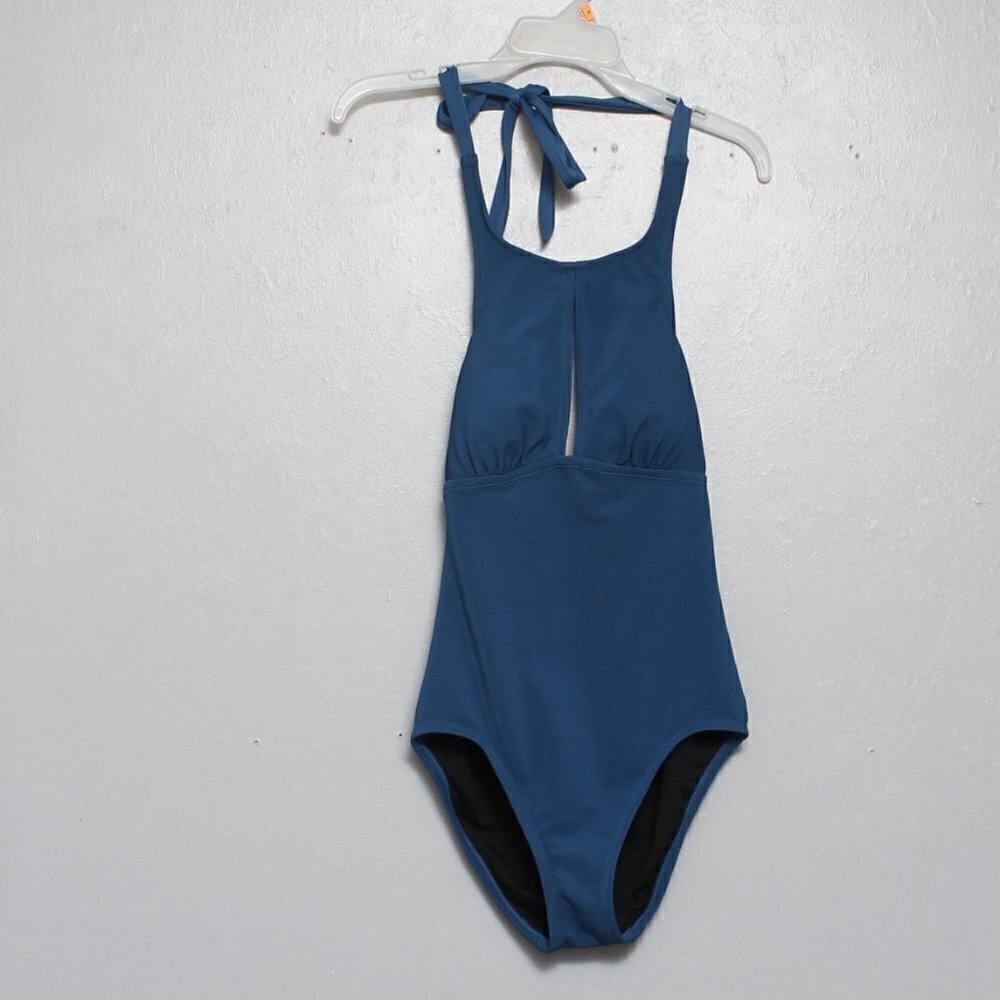 Kona Sol dark teal halter open tie back one piece swimsuit